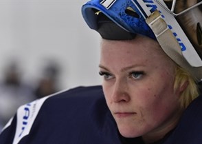 PLYMOUTH, MICHIGAN - MARCH 31: Noora Raty #41 looks on during warm up prior to Team Finland's game against Team Russia during preliminary round action at the 2017 IIHF Ice Hockey Women's World Championship. (Photo by Minas Panagiotakis/HHOF-IIHF Images)
