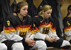 PLYMOUTH, MICHIGAN - APRIL 6: Germany's Carina Strobel #14 listens to music in her teams dressing room prior to bronze medal game action against team Finland at the 2017 IIHF Ice Hockey Women's World Championship. (Photo by Minas Panagiotakis/HHOF-IIHF Images)

