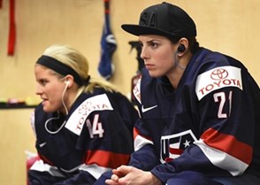 PLYMOUTH, MICHIGAN - APRIL 1: USA's Hilary Knight #21 looks on in the dressing room prior to preliminary round action against Russia at the 2017 IIHF Ice Hockey Women's World Championship. (Photo by Matt Zambonin/HHOF-IIHF Images)

