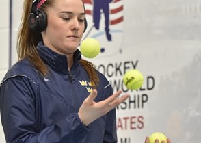 PLYMOUTH, MICHIGAN - April 1: Sweden's Louisa Berndtsson #30 juggles tennis balls prior to on ice warm up against team Switzerland during preliminary round action at the 2017 IIHF Ice Hockey Women's World Championship. (Photo by Minas Panagiotakis/HHOF-IIHF Images)